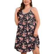 SHOWMALL Sleeveless Nightgowns for Plus Women Sleepwear Wide Strap Sleep Shirt Pleated Scoopneck Lounge Dress with PocketsBlack Peachblossom 1X