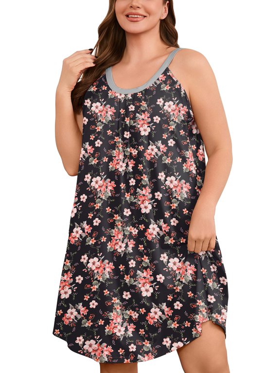 Sleeveless Nightgowns for Plus Women Sleepwear Wide Strap Sleep Shirt Pleated Scoopneck Lounge Dress with PocketsBlack Peachblossom 2X