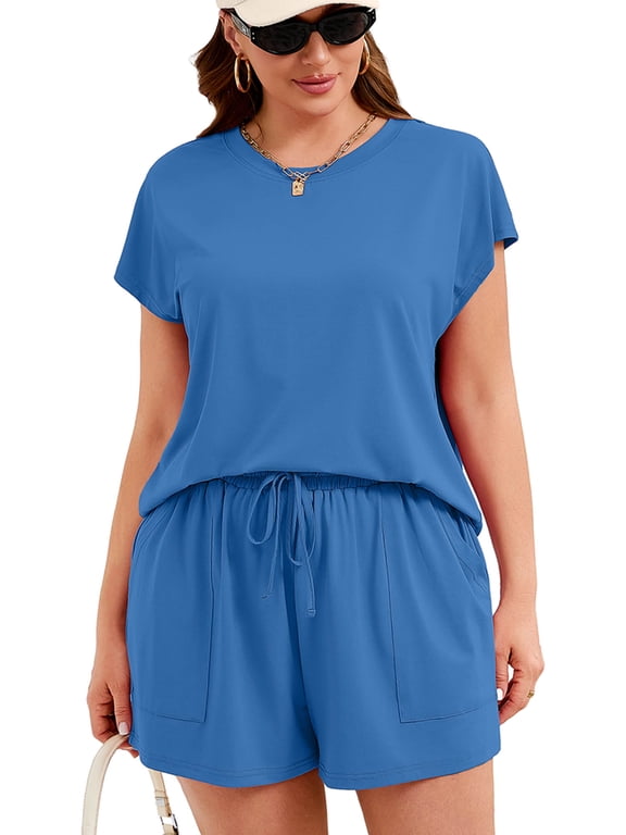 Soft Plus Size Outfit Sets for Women 2 Piece - Smooth Knit Sleeveless Top & Shorts Co-Ord Set for Relaxing, Royal Blue 3X