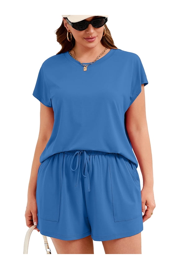 Soft Plus Size Outfit Sets for Women 2 Piece - Smooth Knit Sleeveless Top & Shorts Co-Ord Set for Relaxing, Royal Blue 3X