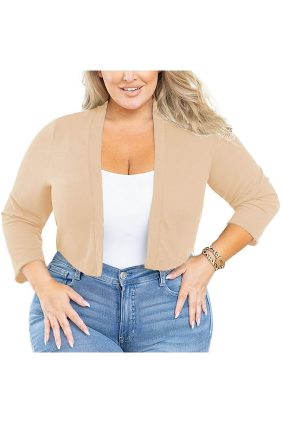 Women Bolero Plus Size Lightweight 3/4 Sleeve Khaki 2X Cropped Cardigan Open Front Top Crocheted Knit Sweater Short Tops for Evening dresses