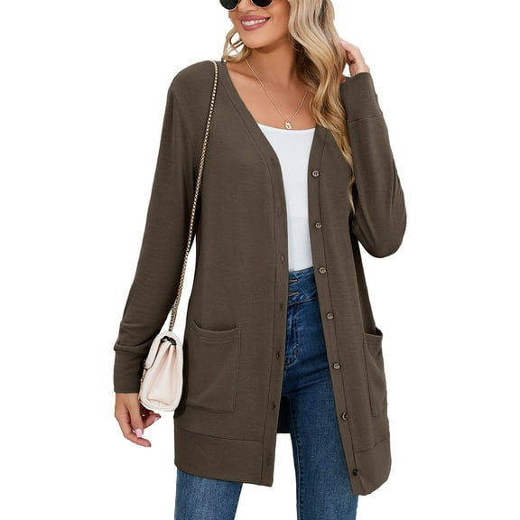 SHOWMALL Women Lightweight Cardigan Long Sleeve Button Down V Neck Casual Lightweight Knit Sweater Open Front Cardigan, US Size 2XL, Dark Coffee