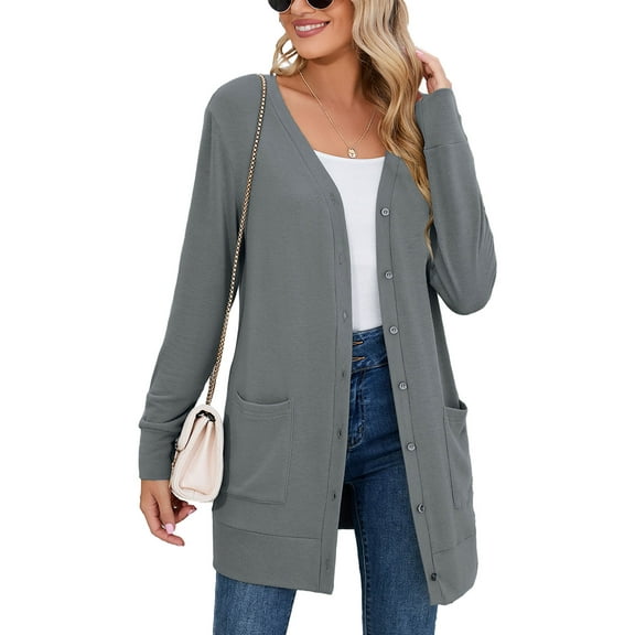SHOWMALL Women Lightweight Cardigan Long Sleeve Button Down V Neck Casual Lightweight Knit Sweater Open Front Cardigan, US Size 2XL, Gray