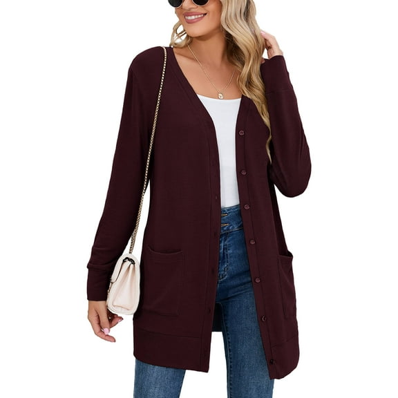 SHOWMALL Women Lightweight Cardigan Long Sleeve Button Down V Neck Casual Lightweight Knit Sweater Open Front Cardigan, US Size Large, Burgundy