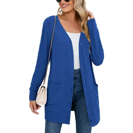 SHOWMALL Women Lightweight Cardigan Long Sleeve Button Down V Neck Casual Lightweight Knit Sweater Open Front Cardigan, US Size Large, Klein Blue