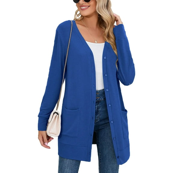 SHOWMALL Women Lightweight Cardigan Long Sleeve Button Down V Neck Casual Lightweight Knit Sweater Open Front Cardigan, US Size Large, Klein Blue