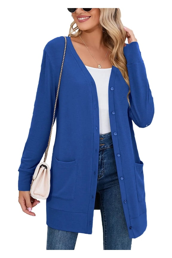 Women Lightweight Cardigan Long Sleeve Button Down V Neck Casual Lightweight Knit Sweater Open Front Cardigan, US Size Large, Klein Blue