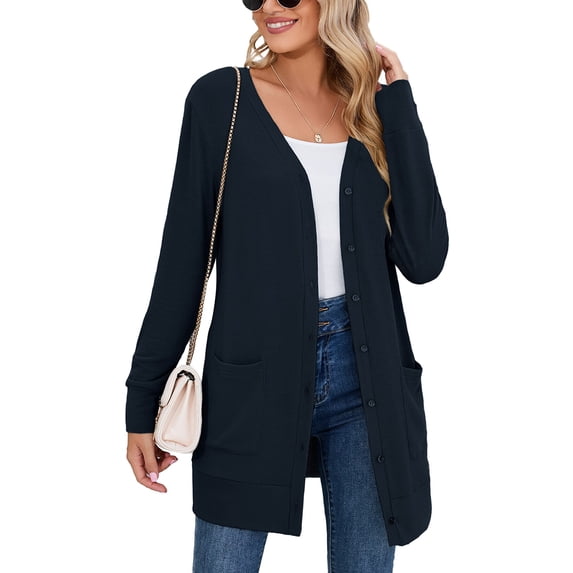 SHOWMALL Women Lightweight Cardigan Long Sleeve Button Down V Neck Casual Lightweight Knit Sweater Open Front Cardigan, US Size Large, Navy Blue