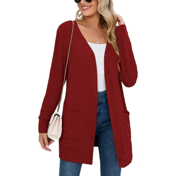 SHOWMALL Women Lightweight Cardigan Long Sleeve Button Down V Neck Casual Lightweight Knit Sweater Open Front Cardigan, US Size Large, Red
