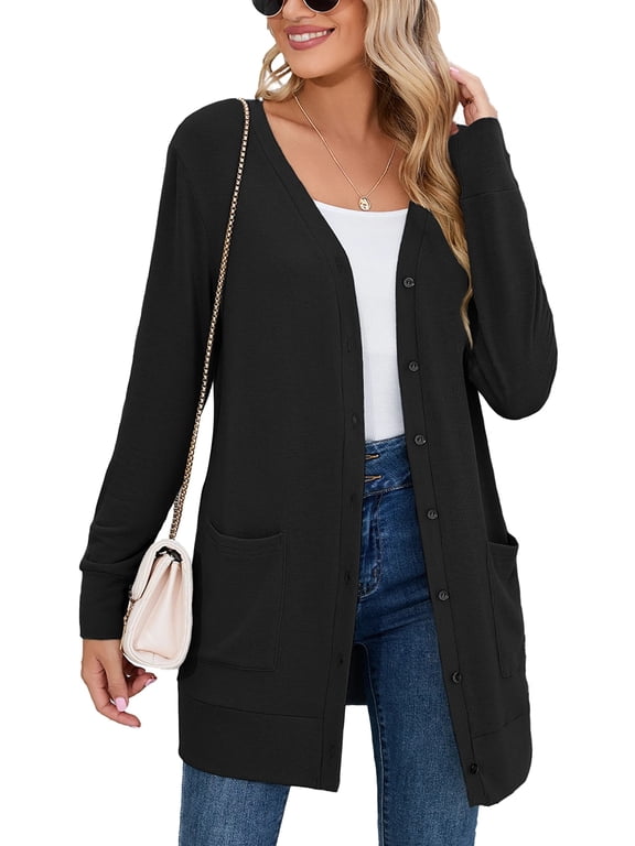 Women Lightweight Cardigan Long Sleeve Button Down V Neck Casual Lightweight Knit Sweater Open Front Cardigan, US Size Medium, Black