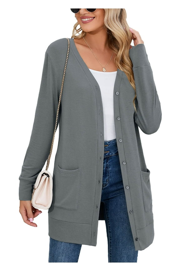 Women Lightweight Cardigan Long Sleeve Button Down V Neck Casual Lightweight Knit Sweater Open Front Cardigan, US Size Medium, Gray