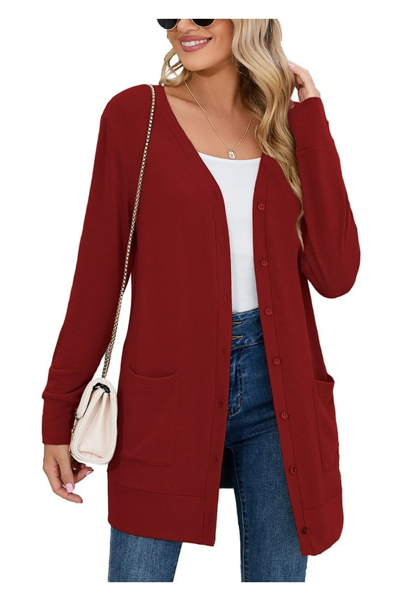 Women Lightweight Cardigan Long Sleeve Button Down V Neck Casual Lightweight Knit Sweater Open Front Cardigan, US Size Medium, Red