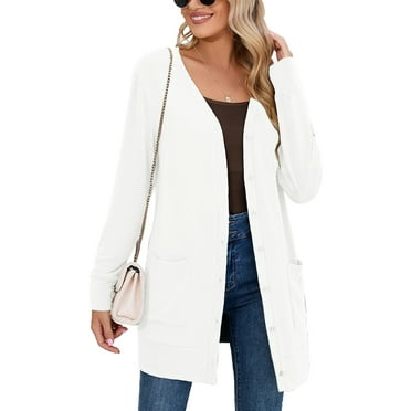 SHOWMALL Women Lightweight Cardigan Long Sleeve Button Down V Neck Casual Lightweight Knit Sweater Open Front Cardigan, US Size Medium, White