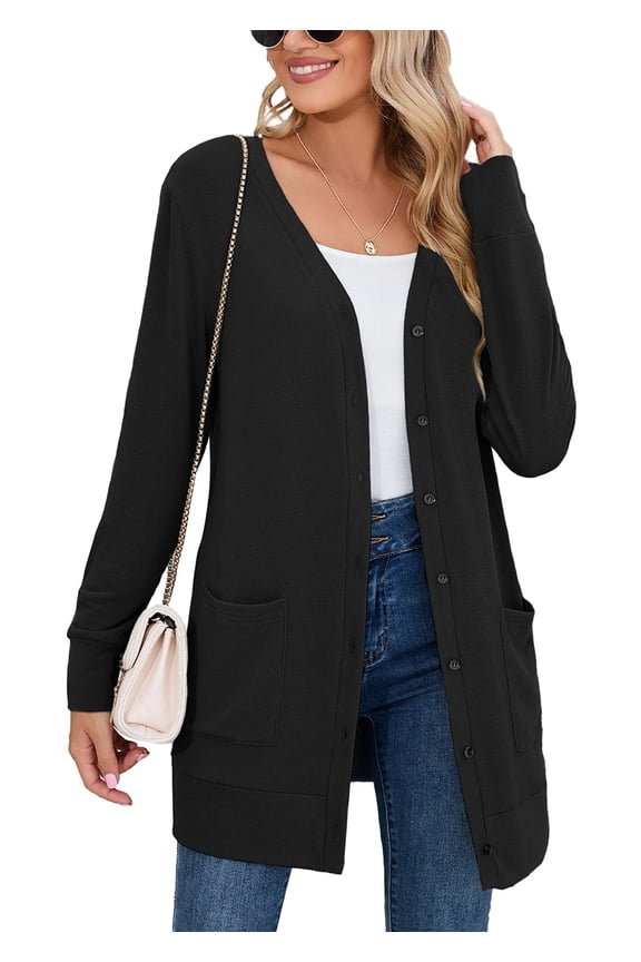 Women Lightweight Cardigan Long Sleeve Button Down V Neck Casual Lightweight Knit Sweater Open Front Cardigan, US Size Small, Black