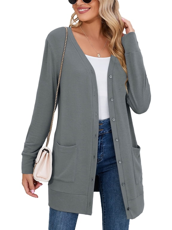 Women Lightweight Cardigan Long Sleeve Button Down V Neck Casual Lightweight Knit Sweater Open Front Cardigan, US Size XL, Gray