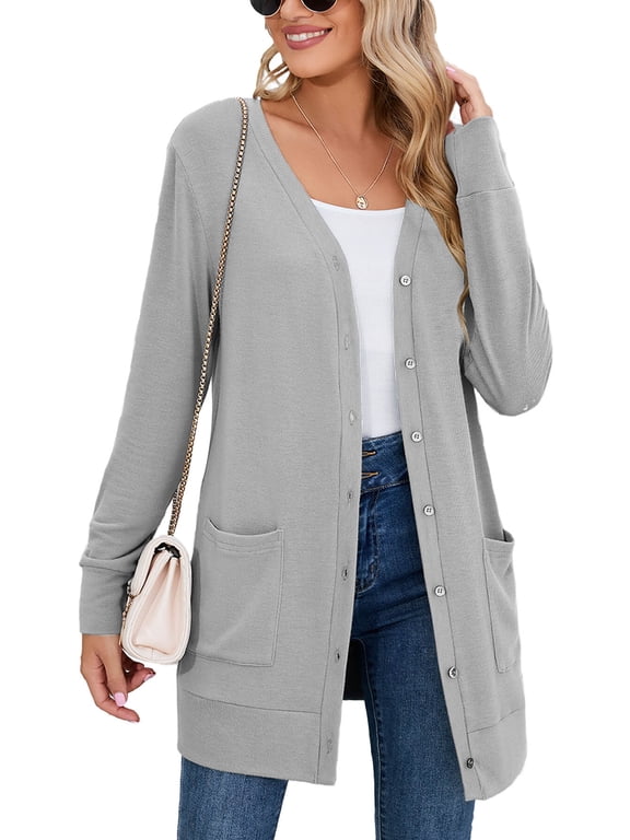 Women Lightweight Cardigan Long Sleeve Button Down V Neck Casual Lightweight Knit Sweater Open Front Cardigan, US Size XL, Light Gray