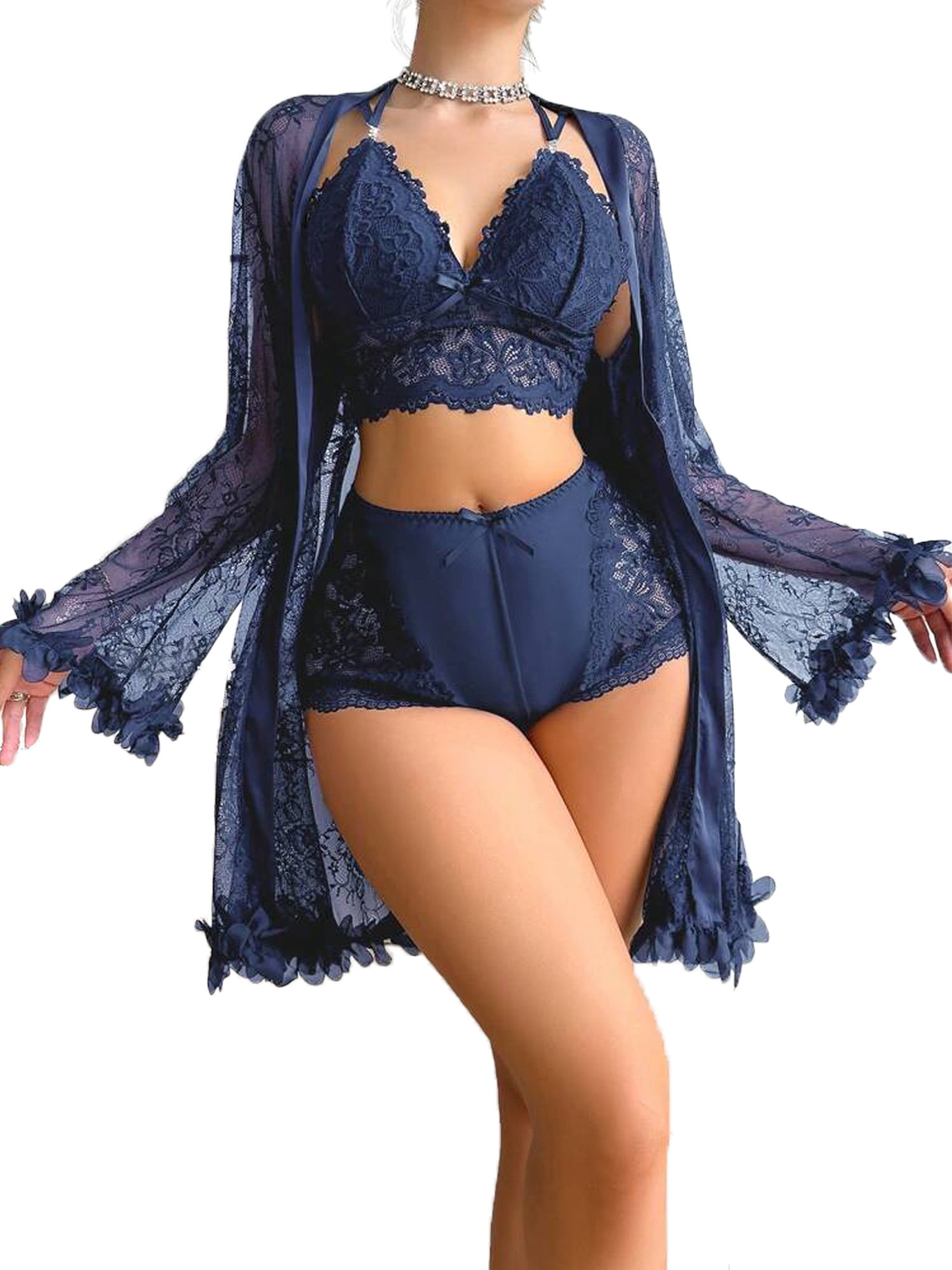SHOWMALL Women Lingerie Sexy Babydoll Set Lace Chemise Nightgown, 3-Piece Lingerie with Robe Navy Blue 2X
