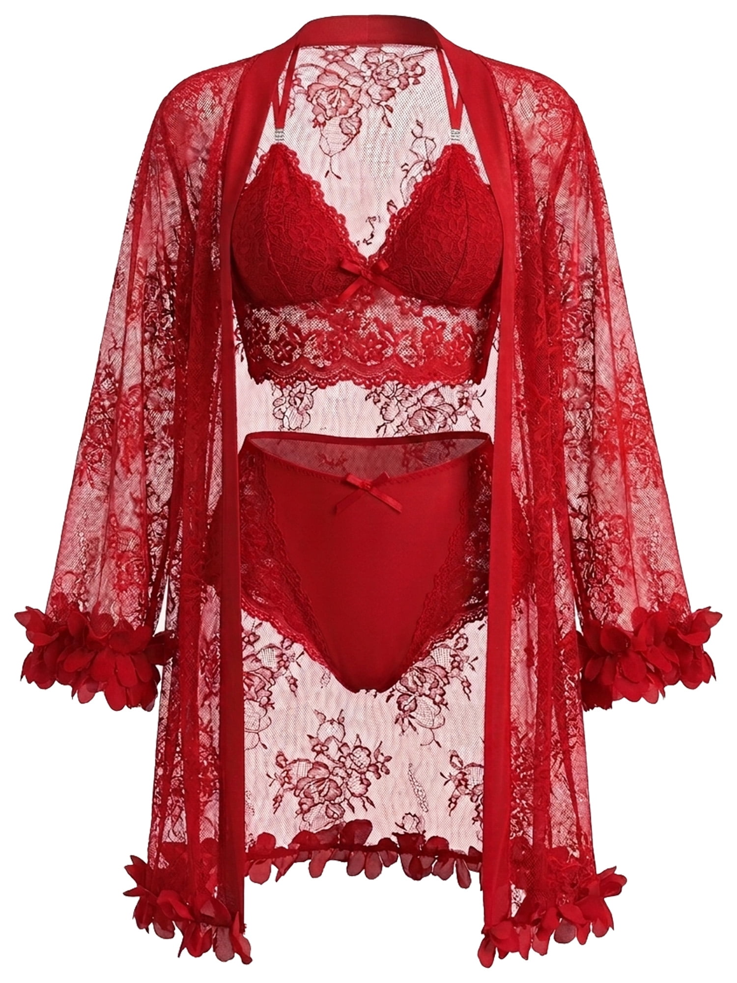 SHOWMALL Women Lingerie Sexy Babydoll Set Lace Chemise Nightgown, 3-Piece Lingerie with Robe Red L