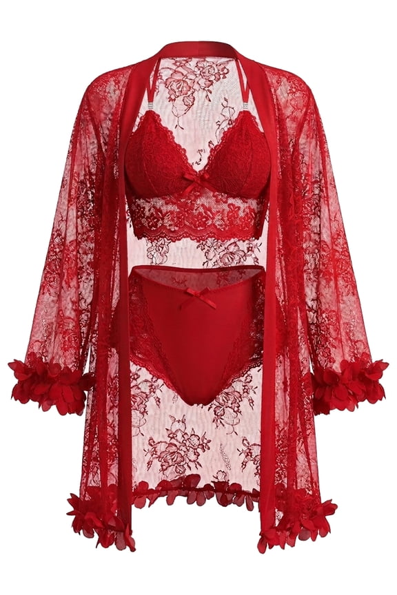 Women Lingerie Sexy Babydoll Set Lace Chemise Nightgown, 3-Piece Lingerie with Robe Red M