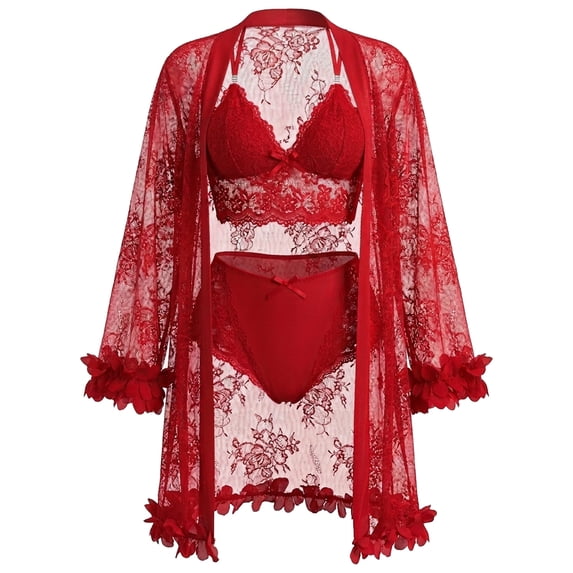 SHOWMALL Women Lingerie Sexy Babydoll Set Lace Chemise Nightgown, 3-Piece Lingerie with Robe Red S