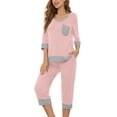 thumbnail image 1 of SHOWMALL Women Lounge Sets Pink L 3/4 Sleeves V-Neck Tops and Loose Capri Pants Comfy Pajama Set, 1 of 8