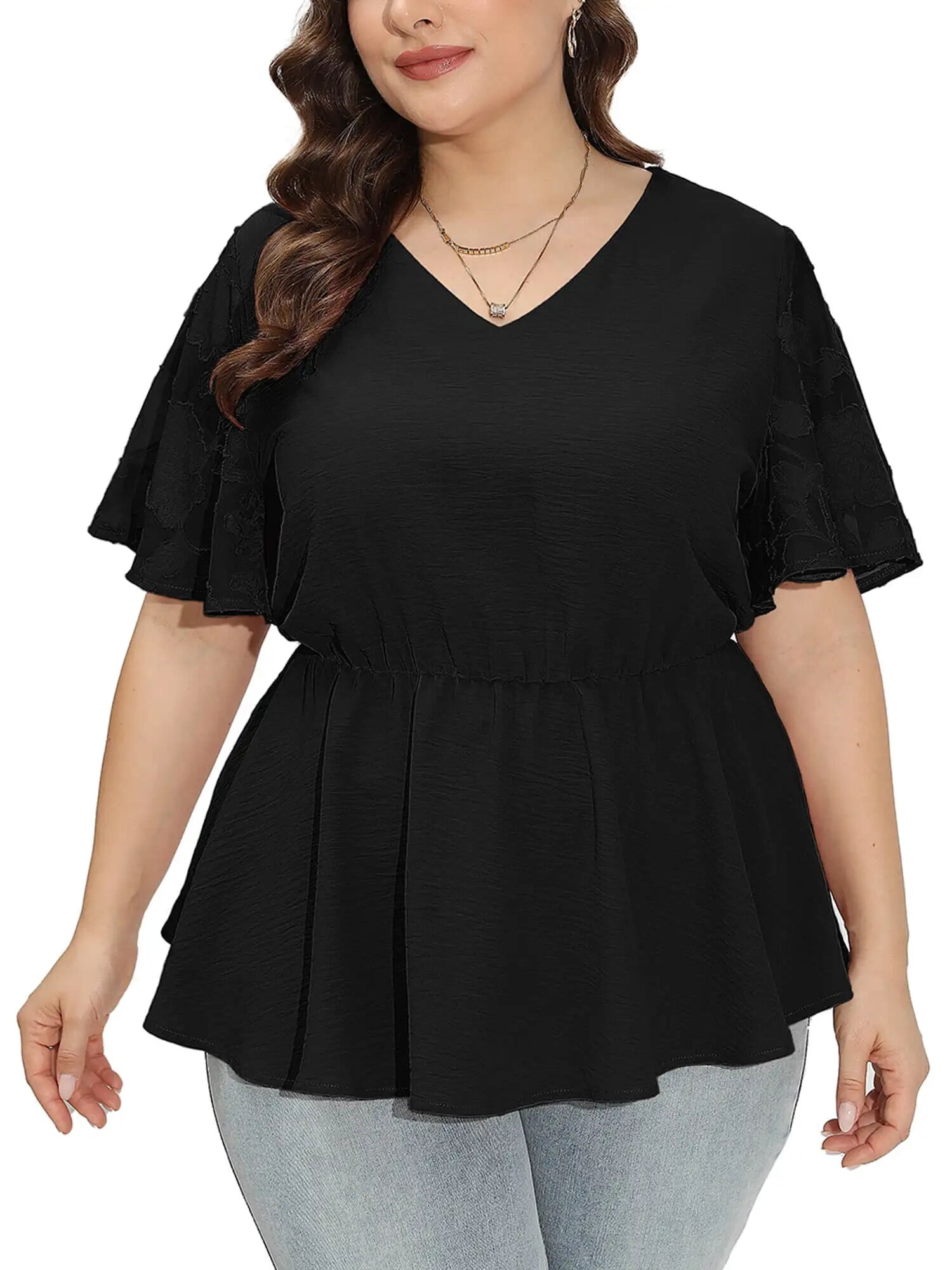 SHOWMALL Women's Peplum Tops Plus Size Lace Short Sleeve