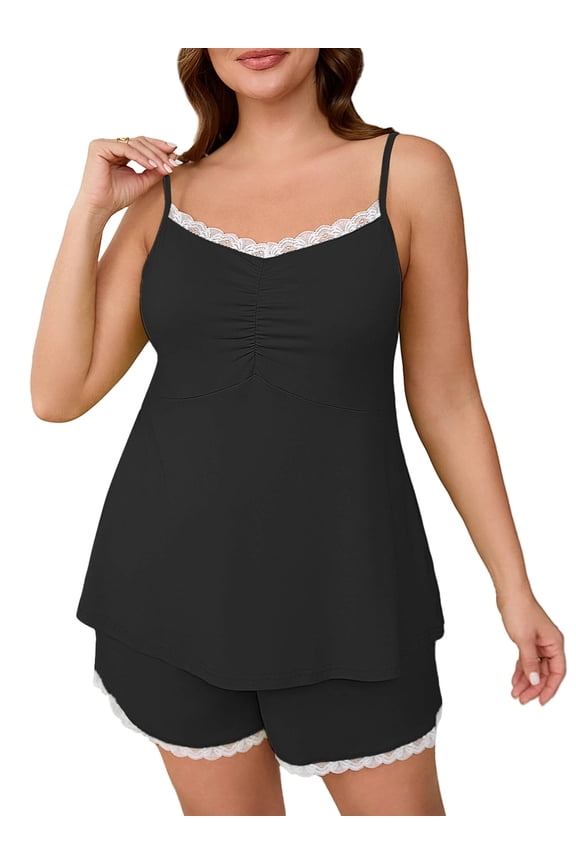 Women Plus Cami Pajama Set Sleepwear Black 1X Lace Trim Short 2 Pieces PJ Set Soft Loungewear