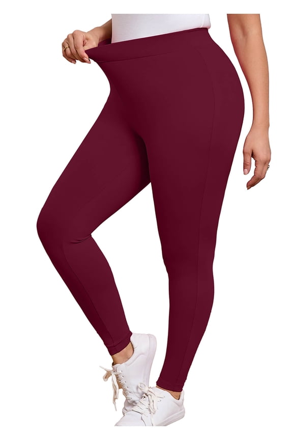 Women Plus Leggings High Waisted Activewear Pants Burgundy 5X Tummy Control Soft Yoga Pants for Workout