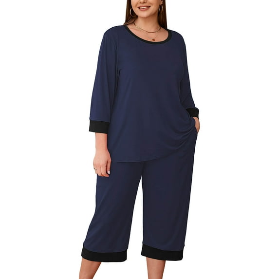 SHOWMALL Women Plus Lounge Sets 3/4 Sleeves Crew-Neck Tops and Loose Capri Pants Pajama Set