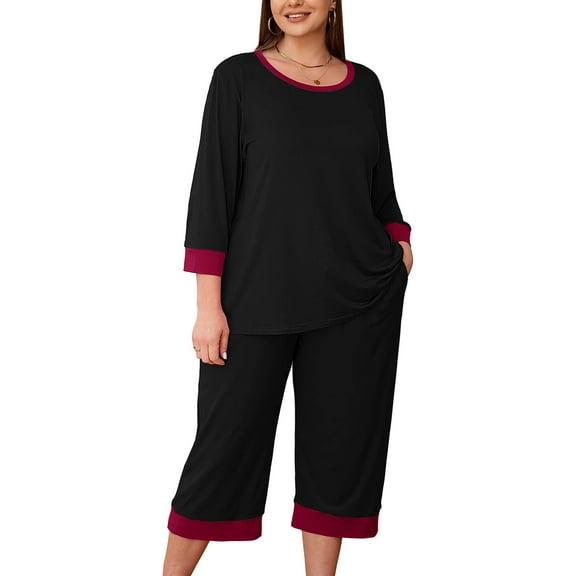 SHOWMALL Women Plus Lounge Sets 3/4 Sleeves Crew-Neck Tops and Loose Capri Pants Pajama Set
