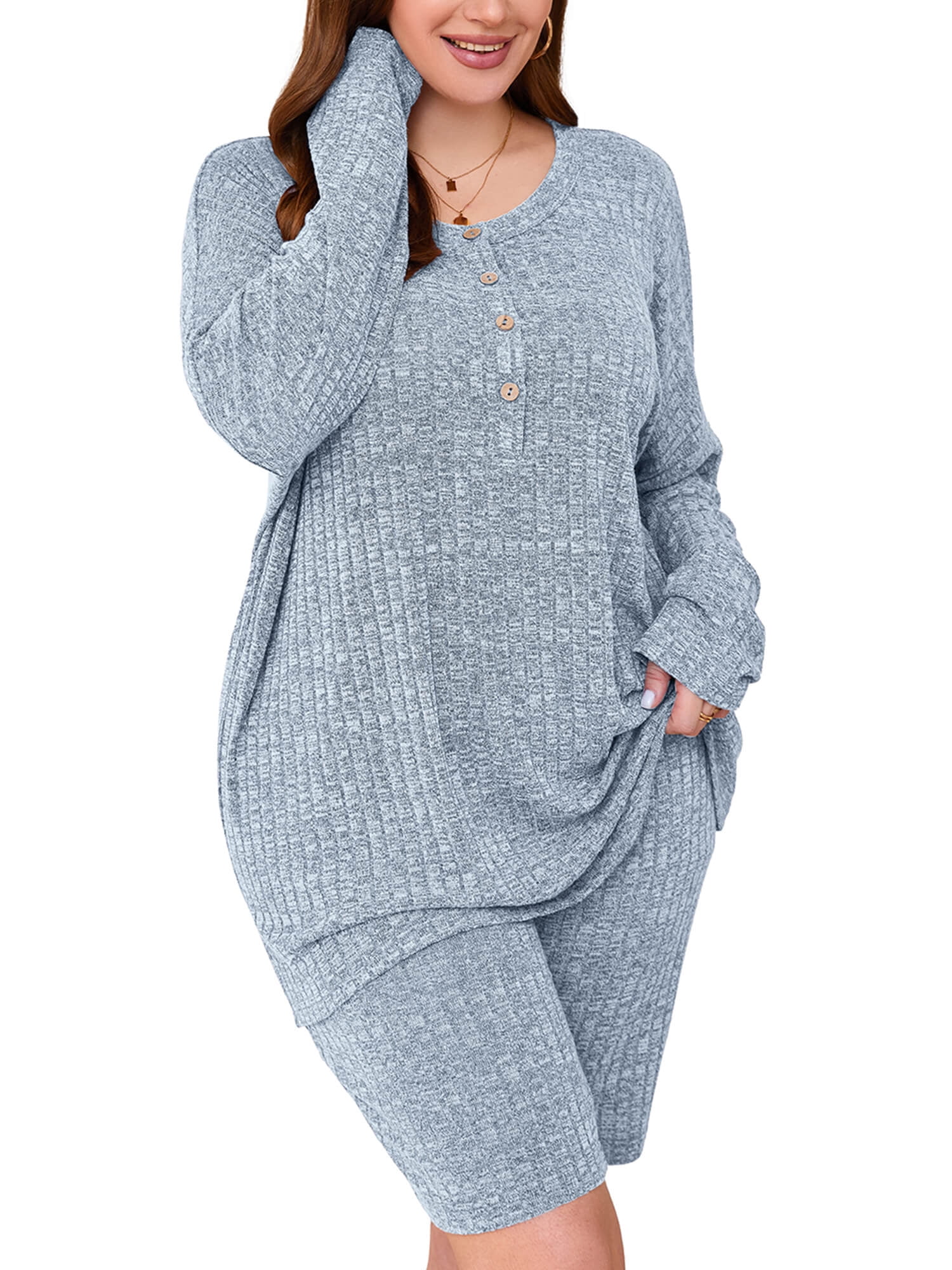 Showmall Women's Plus Size Lounge Sets, Ribbed Pajamas, 2 Piece Biker Shorts and T-shirt, Light Blue 3X
