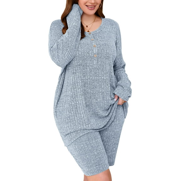 SHOWMALL Women Plus Outfit Sets 2 Piece Matching Loungewear Light Blue 3X Ribbed Knit Sets T-shirt Biker Shorts Sweatsuits Plus Size Pajamas, Lightweight for Spring / Summer / Fall / Winter