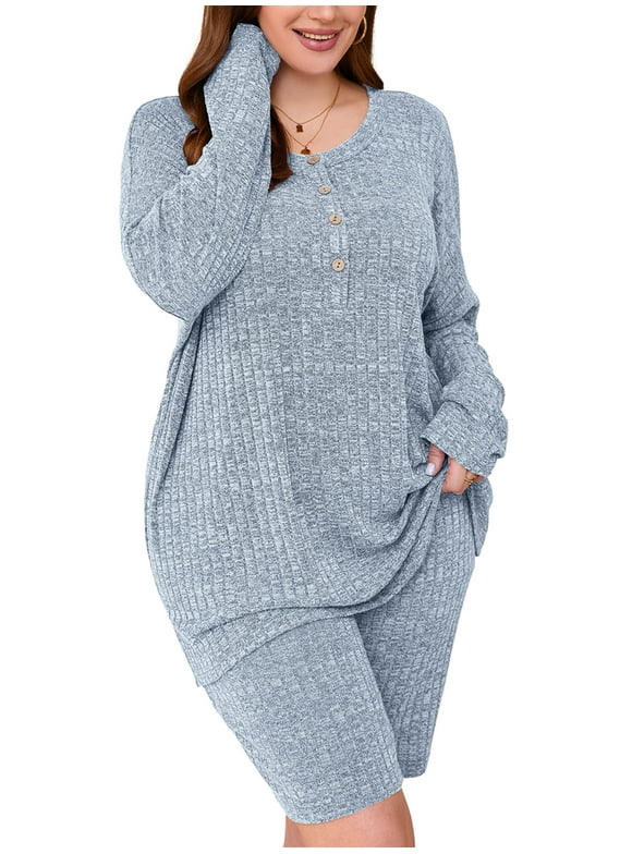 Women Plus Outfit Sets 2 Piece Matching Loungewear Light Blue 3X Ribbed Knit Sets T-shirt Biker Shorts Sweatsuits Plus Size Pajamas, Lightweight for Spring / Summer / Fall / Winter