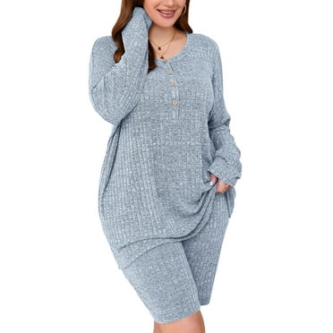 SHOWMALL Women Plus Outfit Sets 2 Piece Matching Loungewear Light Blue 3X Ribbed Knit Sets T-shirt Biker Shorts Sweatsuits Plus Size Pajamas, Lightweight for Spring / Summer / Fall / Winter