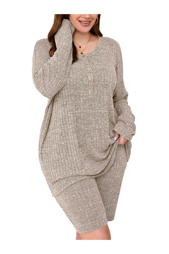 Women Plus Outfit Sets 2 Piece Matching Loungewear Camel 3X Ribbed Knit Sets T-shirt Biker Shorts Sweatsuits Plus Size Pajamas, Lightweight for Spring / Summer / Fall / Winter