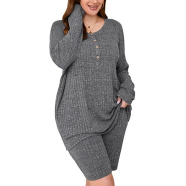 SHOWMALL Women Plus Loungewear Sets Plus Size Pajamas Sets Lightweight for Spring / Summer 2 Piece Dark Gray 3X Ribbed Knit Matching Outfits T-shirt Biker Shorts Sweatsuits