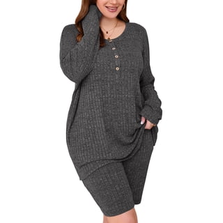 SHOWMALL Women Plus Outfit Sets 2 Piece Sweatsuits Dark Gray 4X Ribbed Knit Plus Size Matching Loungewear T-shirt Biker Shorts Pajamas Sets, Lightweight for Spring / Summer / Fall / Winter