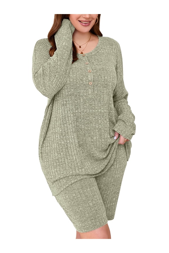 Plus Outfit Sets for Women 2 Piece Matching Loungewear Green 2X Ribbed Knit Sets T-shirt Biker Shorts Sweatsuits Plus Size Pajamas, Lightweight for Spring / Summer / Fall / Winter