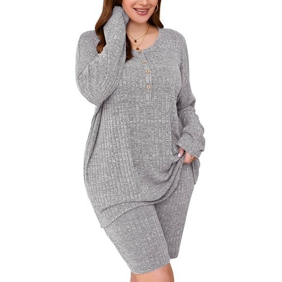 SHOWMALL Women Plus Outfit Sets 2 Piece Sweatsuits Light Gray 3X Ribbed Knit Plus Size Matching Loungewear T-shirt Biker Shorts Pajamas Sets, Lightweight for Spring / Summer / Fall / Winter