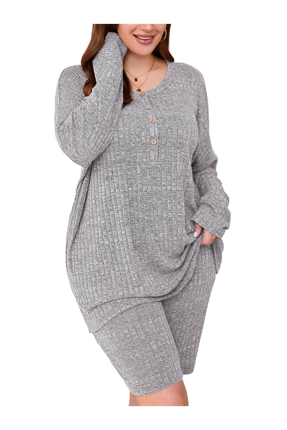 Women Plus Outfit Sets 2 Piece Sweatsuits Light Gray 3X Ribbed Knit Plus Size Matching Loungewear T-shirt Biker Shorts Pajamas Sets, Lightweight for Spring / Summer / Fall / Winter