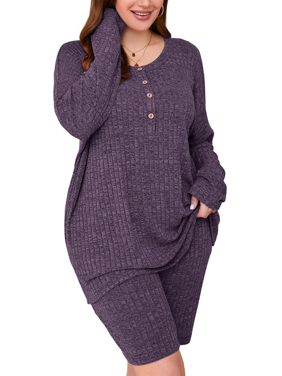 Plus Outfit Sets for Women 2 Piece Sweatsuits Purple 3X Ribbed Knit Plus Size Matching Loungewear T-shirt Biker Shorts Pajamas Sets, Lightweight for Spring / Summer / Fall / Winter