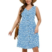 SHOWMALL Plus Summer Floral Dresses for Women Sleeveless Casual Loose Green Silhouette 1X Flowy Pleated Button Down Midi Dress with Pockets
