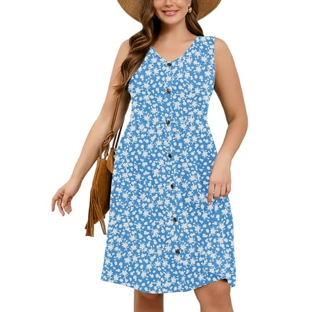 SHOWMALL Women Plus MIdi Dresses Summer Floral Sleeveless Casual Loose Blue Butterflies 2X Flowy Pleated Button Down Midi Beach Sun Dress with Pockets