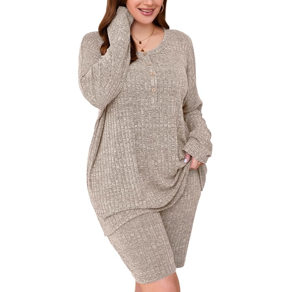 SHOWMALL Women Plus Pajamas Sets Loungewear Sets 2 Piece Camel 2X Ribbed Knit Plus Size Matching Outfit T-shirt Biker Shorts Sweatsuits, Lightweight for Spring / Summer / Fall / Winter