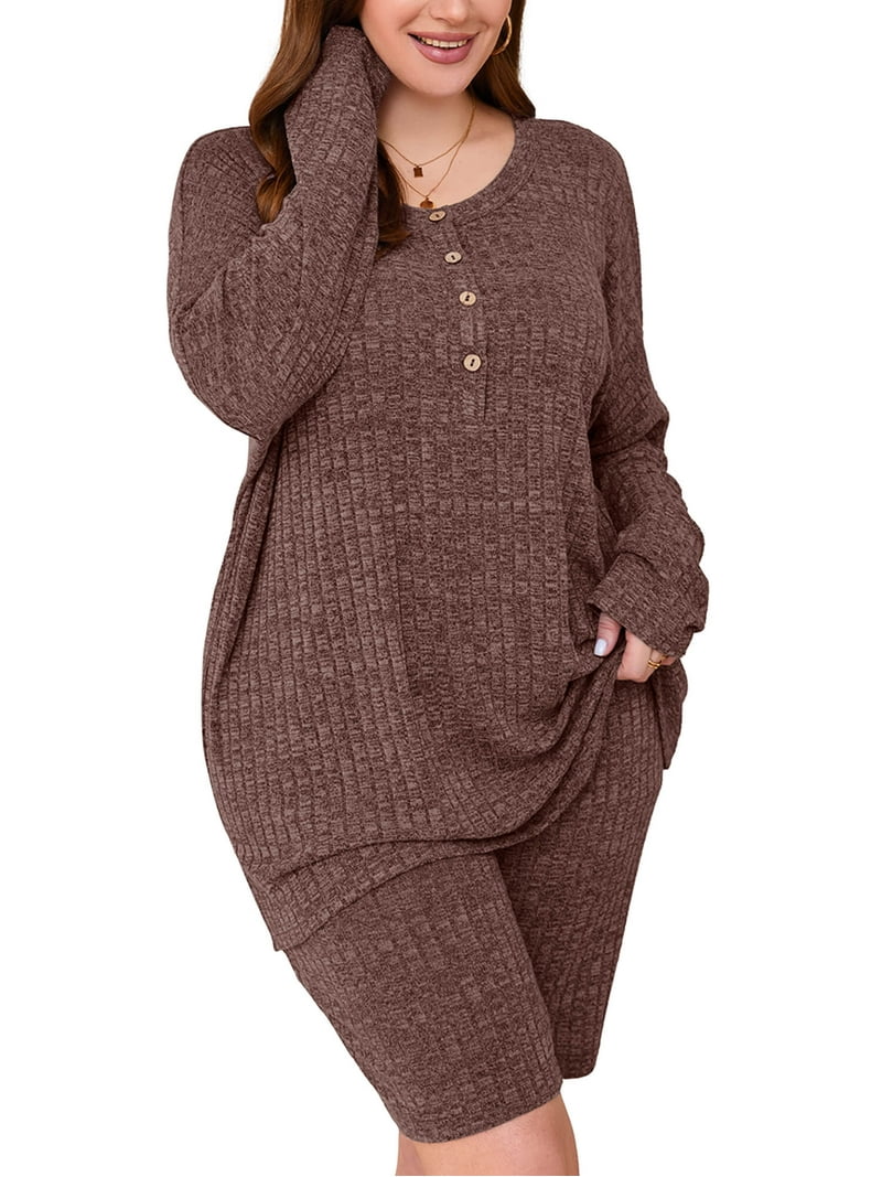 SHOWMALL Women Plus Outfit Sets Piece Matching Loungewear Brown