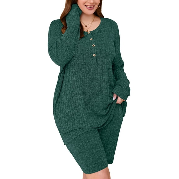 SHOWMALL Plus Outfit Sets for Women 2 Piece Sweatsuits Dark Green 3X Ribbed Knit Plus Size Matching Loungewear T-shirt Biker Shorts Pajamas Sets, Lightweight for Spring / Summer / Fall / Winter