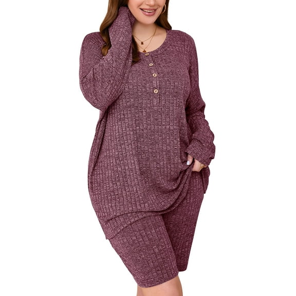 SHOWMALL Plus Outfit Sets for Women 2 Piece Matching Loungewear Burgundy 5X Ribbed Knit Sets T-shirt Biker Shorts Sweatsuits Plus Size Pajamas, Lightweight for Spring / Summer / Fall / Winter