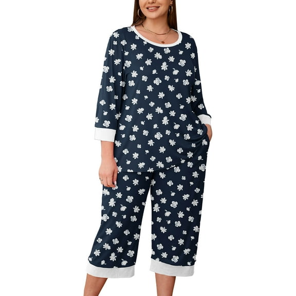 SHOWMALL Women Plus Pajama Sets 3/4 Sleeves Crew-Neck Tops and Loose Capri Pants Lounge Set Soft Sleepwear