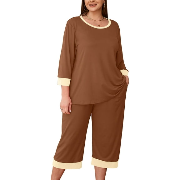 SHOWMALL Women Plus Pajama Sets 3/4 Sleeves Crew-Neck Tops and Loose Capri Pants Lounge Set Soft Sleepwear