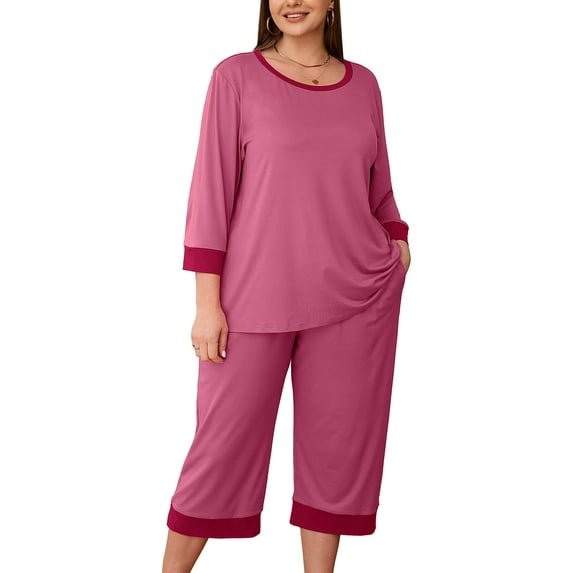 SHOWMALL Women Plus Pajama Sets 3/4 Sleeves Crew-Neck Tops and Loose Capri Pants Lounge Set Soft Sleepwear